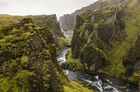 View of the cliffs and a river from above, Fjadrargljufur Canyon Stock Photos