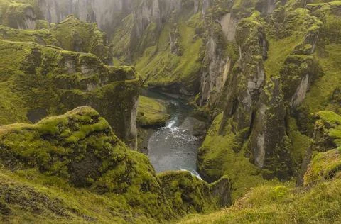 View of the cliffs and a river from above, Fjadrargljufur Canyon Stock Photos