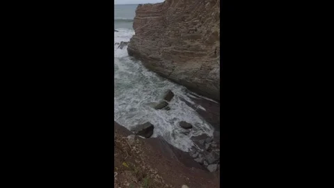 View of the cliffs belonging to the flysch of Zumaia, on a stormy day. Stock Footage 300452376