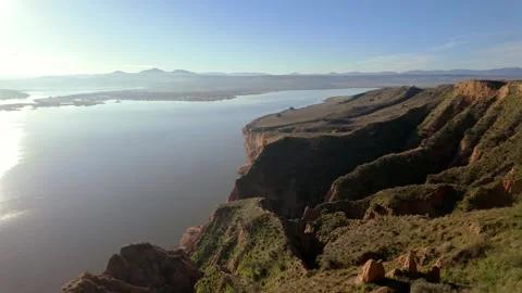 View from the cliffs of the Castrejon reservoir at dawn, Toledo Stock Footage 301406380