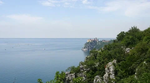 View from cliffs to Duino castle Stock Footage 68346120