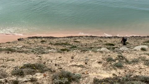 View from cliffs to remote sandy beach below Stock Footage 107608004