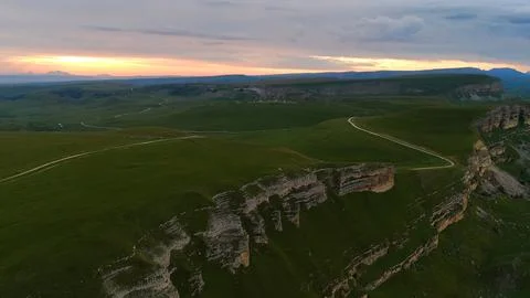 View of the cliffs at sunset, drone view Stock Photos