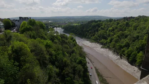 View from the Clifton Suspension Bridge over the Avon Gorge and River Stock Footage 309765601