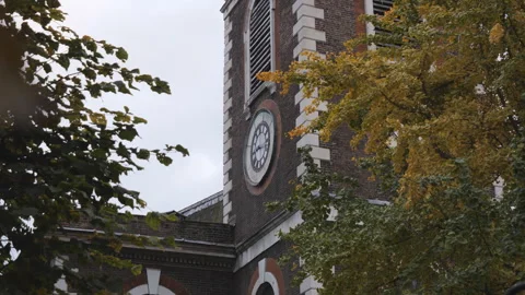 A view of a clock tower in autumn amongs yellow and green tree branches. Stock Footage 257968485
