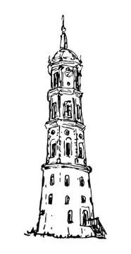 View of clock tower of house. Old town building, urban sketching. Historical  Ilustración de archivo