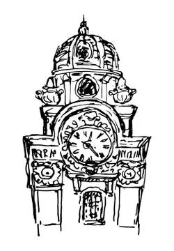 View of clock tower of house. Old town building, urban sketching. Historical  Ilustración de archivo