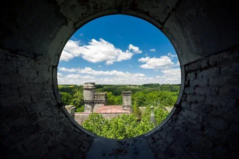 The view from the clock tower of an old abandoned castle in Belgium Stock Photos