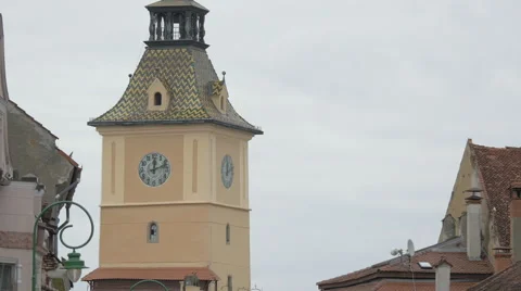 View of the clock tower of Old City Hall, Brasov Stock Footage 57768039