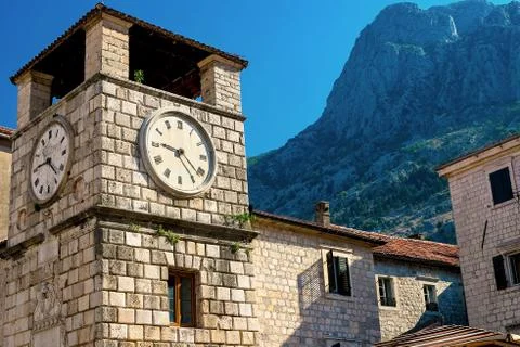 View of the clock tower in the old town of Kotor, Montenegro. Stock Photos