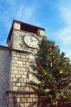 View of Clock Tower in Old Town of Kotor on sunny winter day, Montenegro Stock Photos