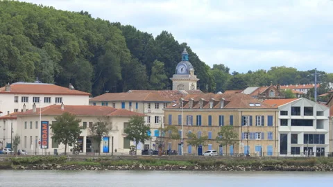 View of the clock tower of the station and the quays of the Adour in Bayonne Stock Footage 283477740