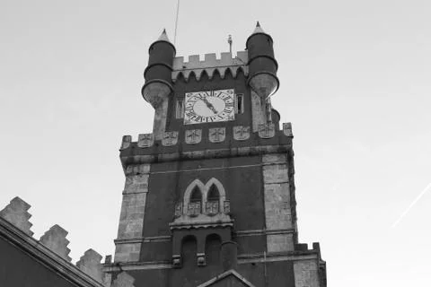 The view of the Clock tower with the turrets and battlements. Pena Palace. Si Stock Photos