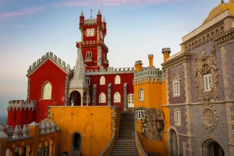 The view of the Clock tower with the turrets and battlements. Pena Palace. Si Foto stock