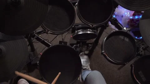 View from close up above on the drums and cymbals during playing. Drum set Video stock 188534884