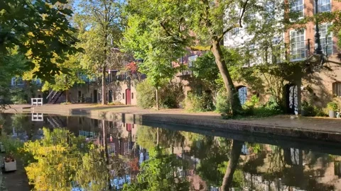 A view close to the canal in Utrecht with trees on the wharves. Stock Footage 326183779