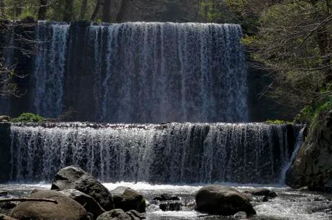 View closeup of part at waterfall cascade of river Bistritsa Stock Photos