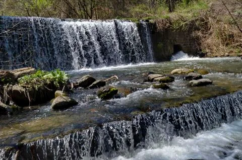 View closeup of part at waterfall cascade of river Bistritsa Stock Photos
