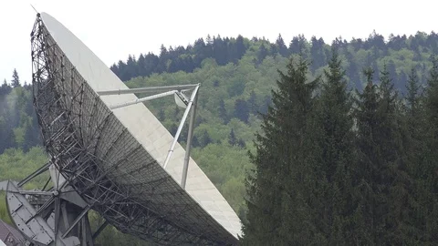 View of closeup satellite dish system parabolic antenna signal global connection Stock Footage 81967664