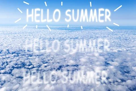 View of a cloud with a blue sky from the window. Hello Summer text Stock-Fotos