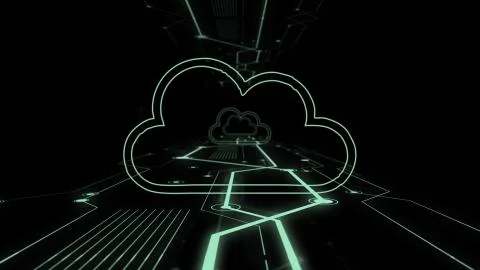 View of cloud storage icon flying on the digital background. Illustrazione stock