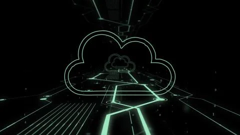 View of cloud storage icon flying on the digital background. Illustrazione stock