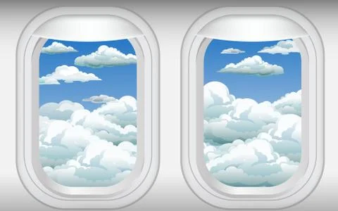 View of clouds on the blue sky at the windows of the plan Stock Illustration