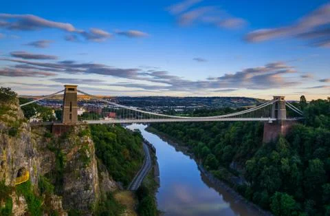 View of clouds moving over the Clifton Suspension Bridge at dusk Stock Photos
