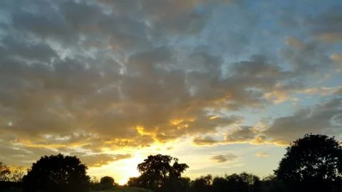View of the clouds at sunset, painted in yellow from below Foto stock