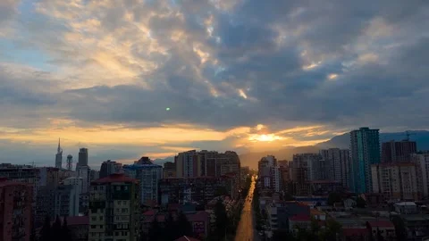 View of cloudy dramatic sunset or sunrise sky over the city of Batumi Stock Footage 340443662