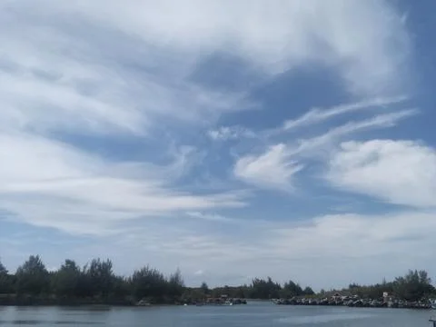 View of a cloudy sky with some trees and sea Stock Photos