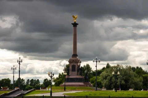 View on a cloudy summer day at the monument to the Millennium of Yaroslavl Stock Photos