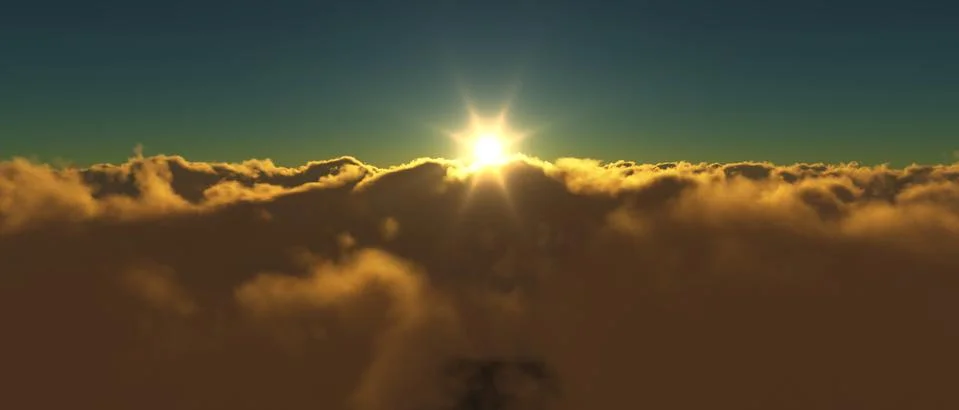 View of a cloudy sunrise while flying above the clouds. Stock Illustration