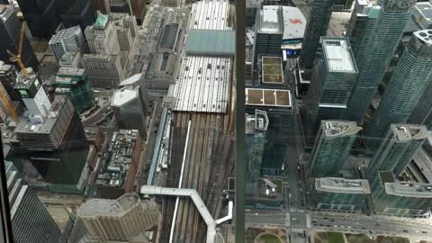 View from CN Tower of train entering Union Station Stock Footage 192039582