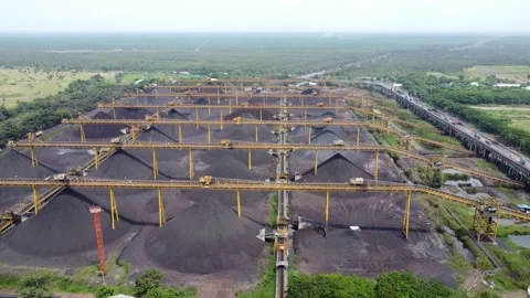 View of the coal terminal air with the activities of coal, barge and coal c.. Stock Footage 293116322