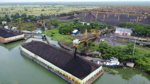View of the coal terminal air with the activities of coal, barge and coal c.. Stock Footage 293116588