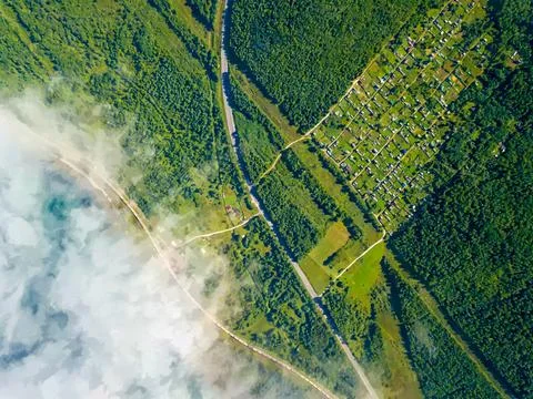 View of the coast of Baikal covered with clouds. Watercolor illustration. Tra Stock Illustration