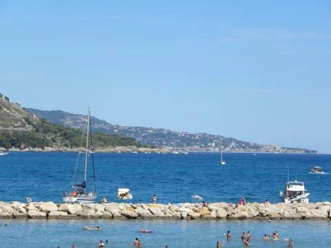 View of the coast with bathers 스톡 사진