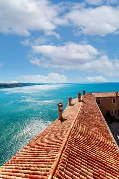 View of the coast from Duino Castle on a cliff above the Gulf of Trieste (Adr Stock Photos