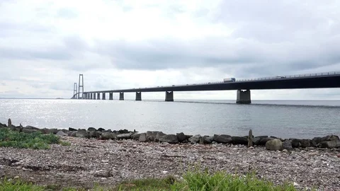View from the Coast Line at Big Belt Bridge between the Danish islands Stock Footage 83255053