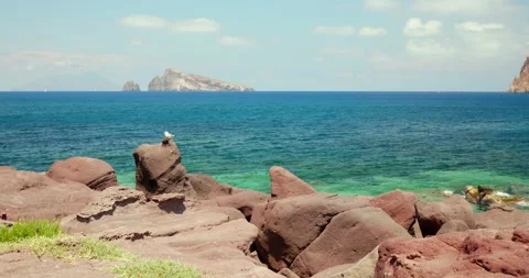 View from the coast of Panarea of the islets Basiluzzo and Dattilo. A seagull Stock Footage 159651977