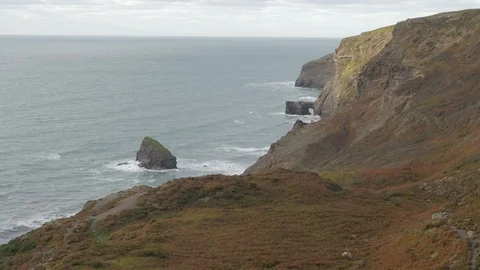 View on the Coastal Path, Atlantic Heritage Coast, Cornwall Stock Footage 86489175