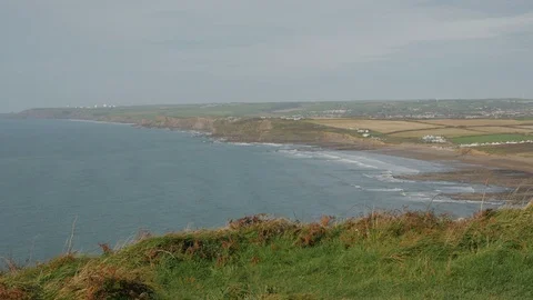 View from the Coastal Path towards Widemouth Bay Stock Footage 86500050