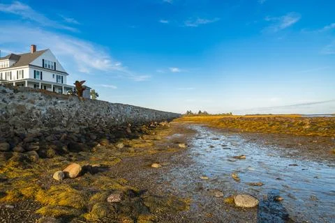 The view of the coastline during the fall in Cape Porpoise, Maine Stock Photos