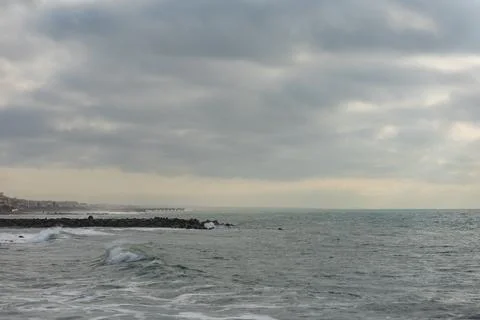View of the coastline during a small storm in the Mediterranean Sea Fotos Stock