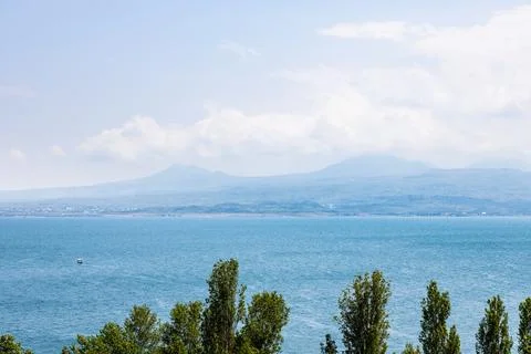 View of coastline of Lake Sevan, Armenia in summer Stock Photos