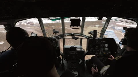 View from the cockpit of a Russian MI-8 transport helicopter. Stock Footage 171879323