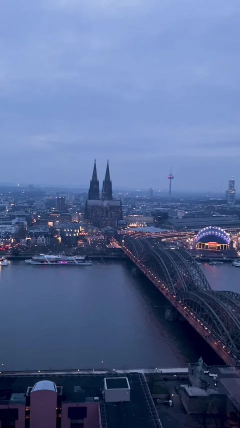 View of Cologne City and Its River During Early Morning With Lights and Stock Footage 331216630