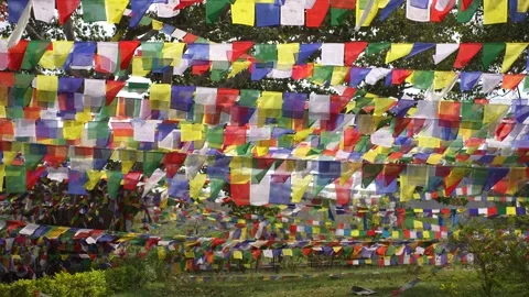 View of colorful Buddhist prayer flags at Lumbini, Nepal. 스톡 동영상 335469271