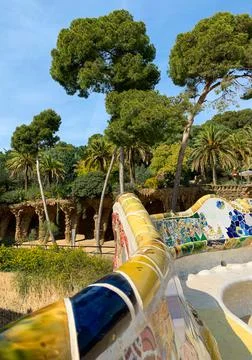 View from the colorful ceramic bench inside Parc Guell designed by Antoni Gaudi, Stock Photos